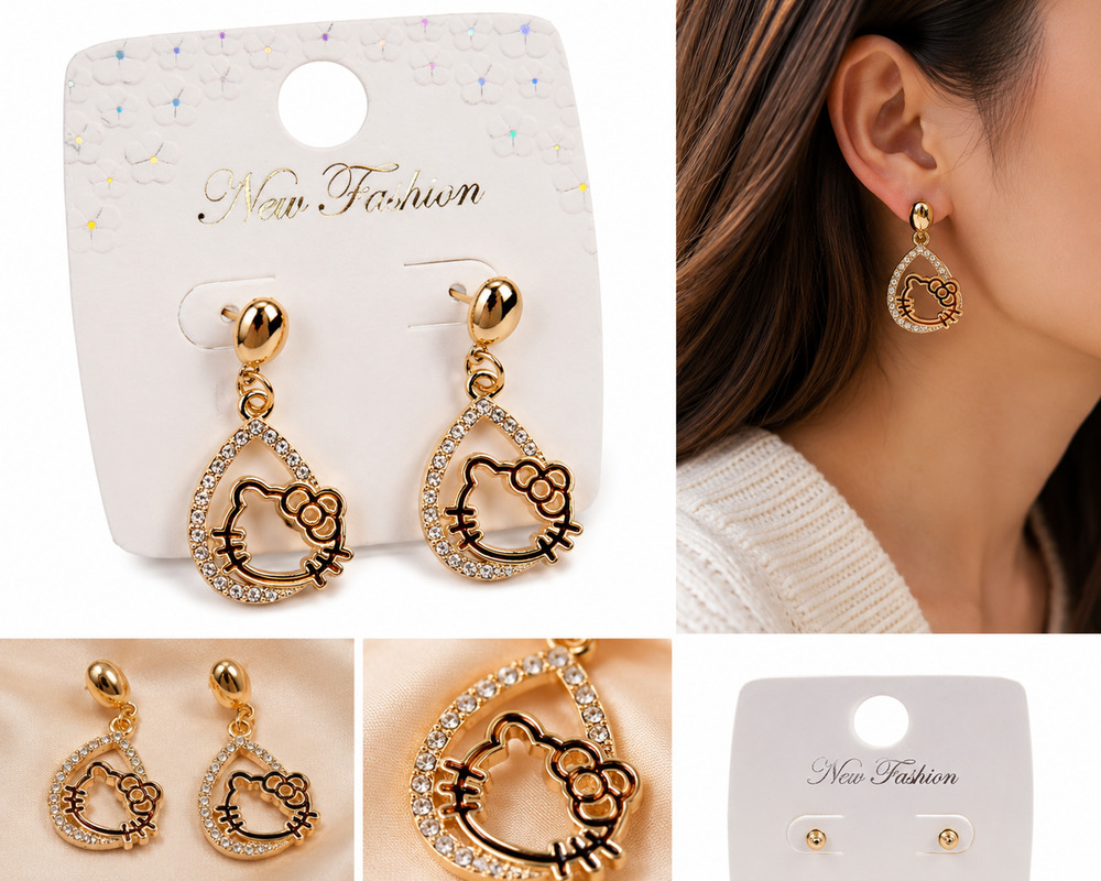Gold Tone Hello Kitty Inspired Rhinestone Dangle Earrings